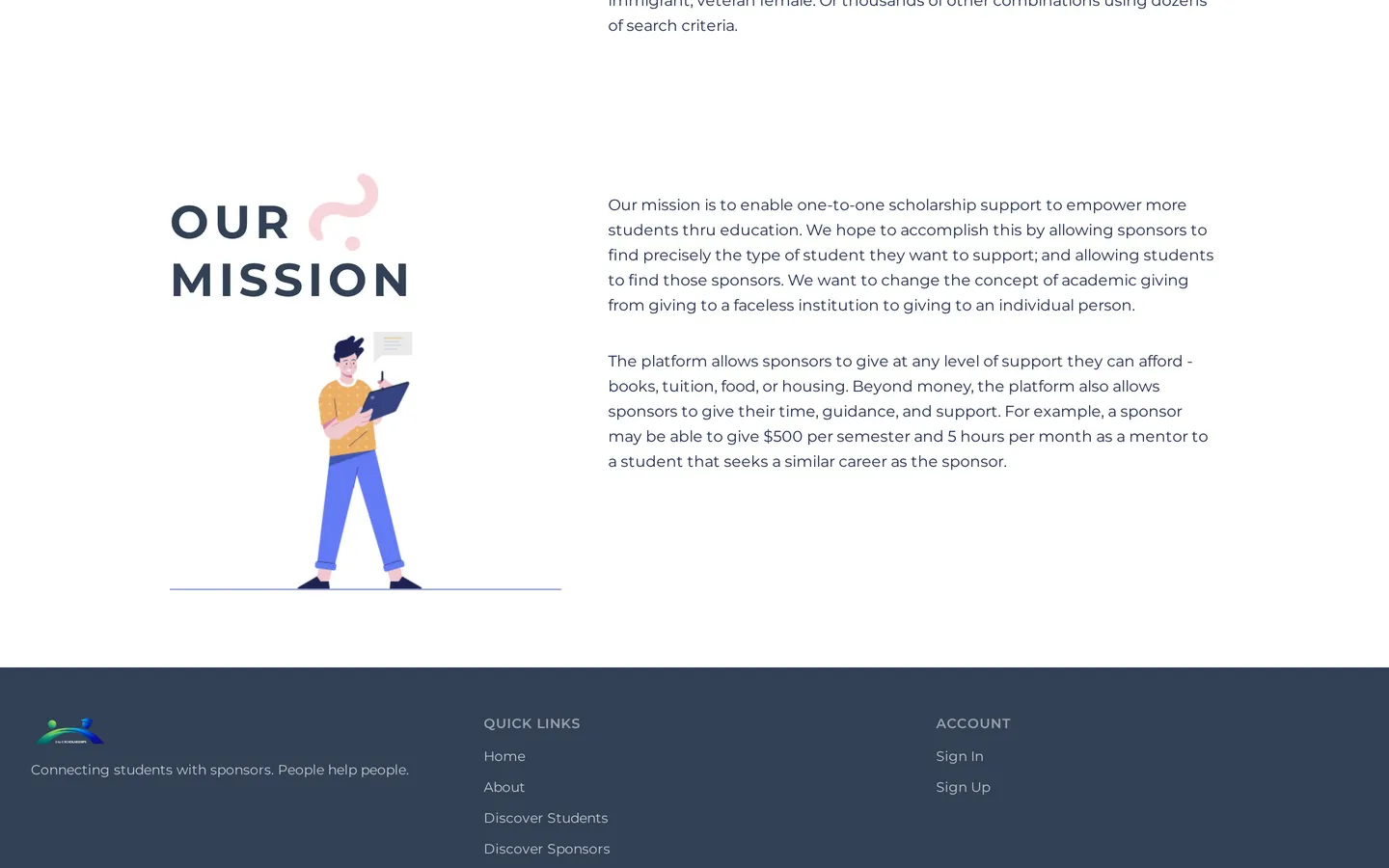 1-to-1 Scholarships "our mission" section — changing academic giving from a faceless institution to an individual person, with sponsors giving money, time, guidance, and mentorship