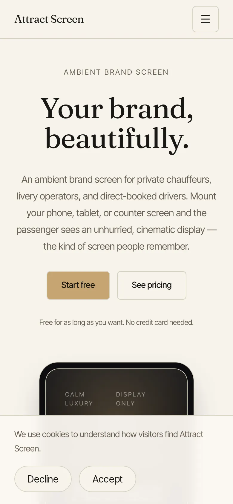Attract Screen on mobile — "Your brand, beautifully" over cinematic branded phone mockups with a Start free button