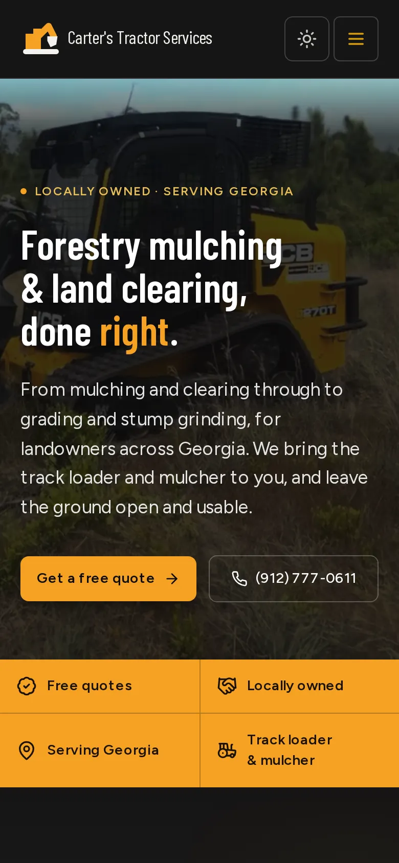 Carter's Tractor Services on mobile — land clearing hero with a tap-to-call button