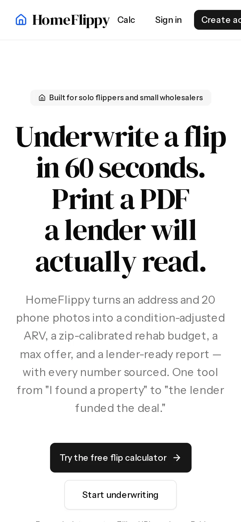 HomeFlippy on mobile — underwriter hero with the free flip calculator CTA