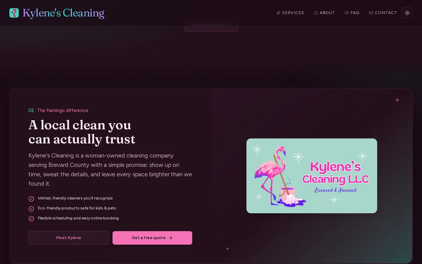 Kylene's Cleaning services section covering residential and commercial cleaning options
