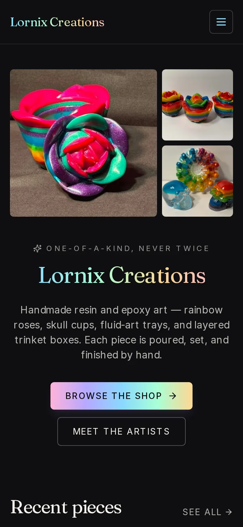 Lornix Creations on mobile — handmade resin art catalog