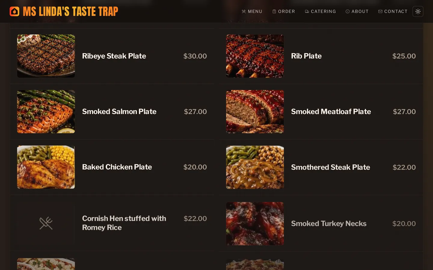 Ms Linda's Taste Trap homepage with the headline "Real smoke, real flavor" beside a photo of the BBQ trailer