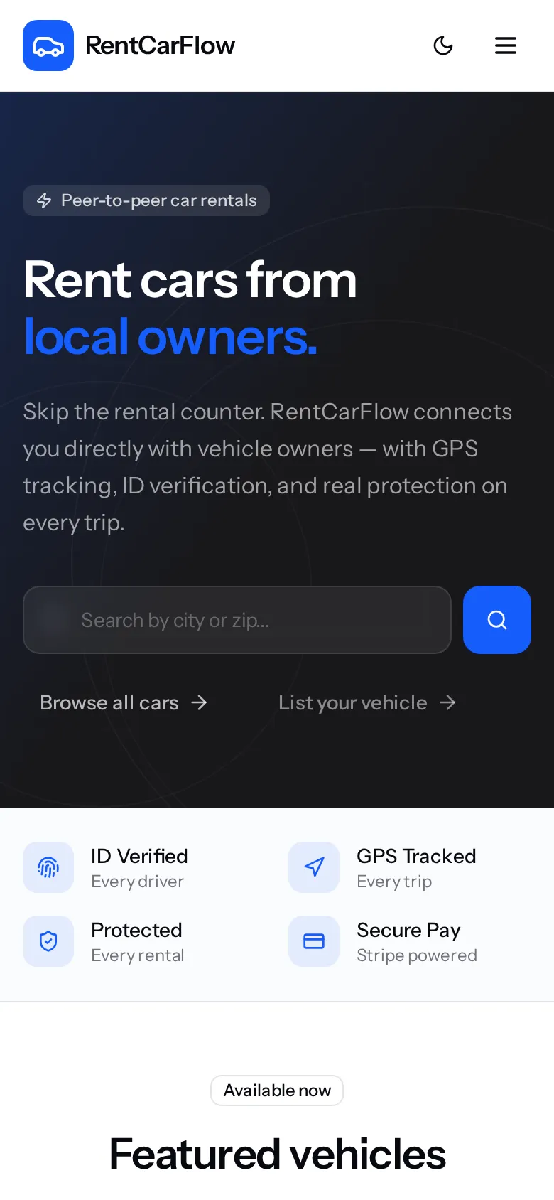 RentCarFlow on mobile — local-owner car rental hero with trust badges