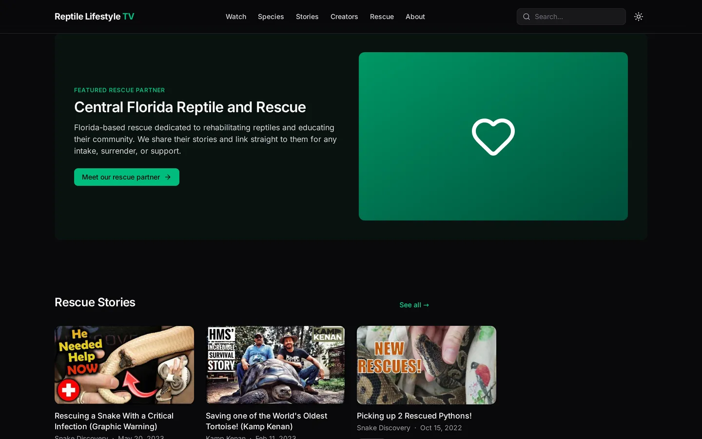 Reptile Lifestyle TV featured rescue partner panel — Central Florida Reptile and Rescue — with a "meet our rescue partner" button above rescue stories