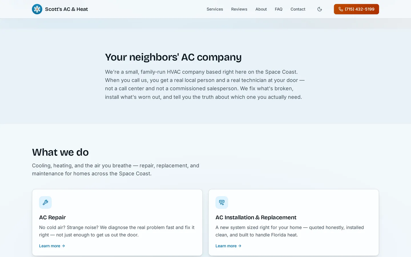 Scott's AC and Heat — "Your neighbors' AC company" intro above a "What we do" grid of AC repair and installation cards
