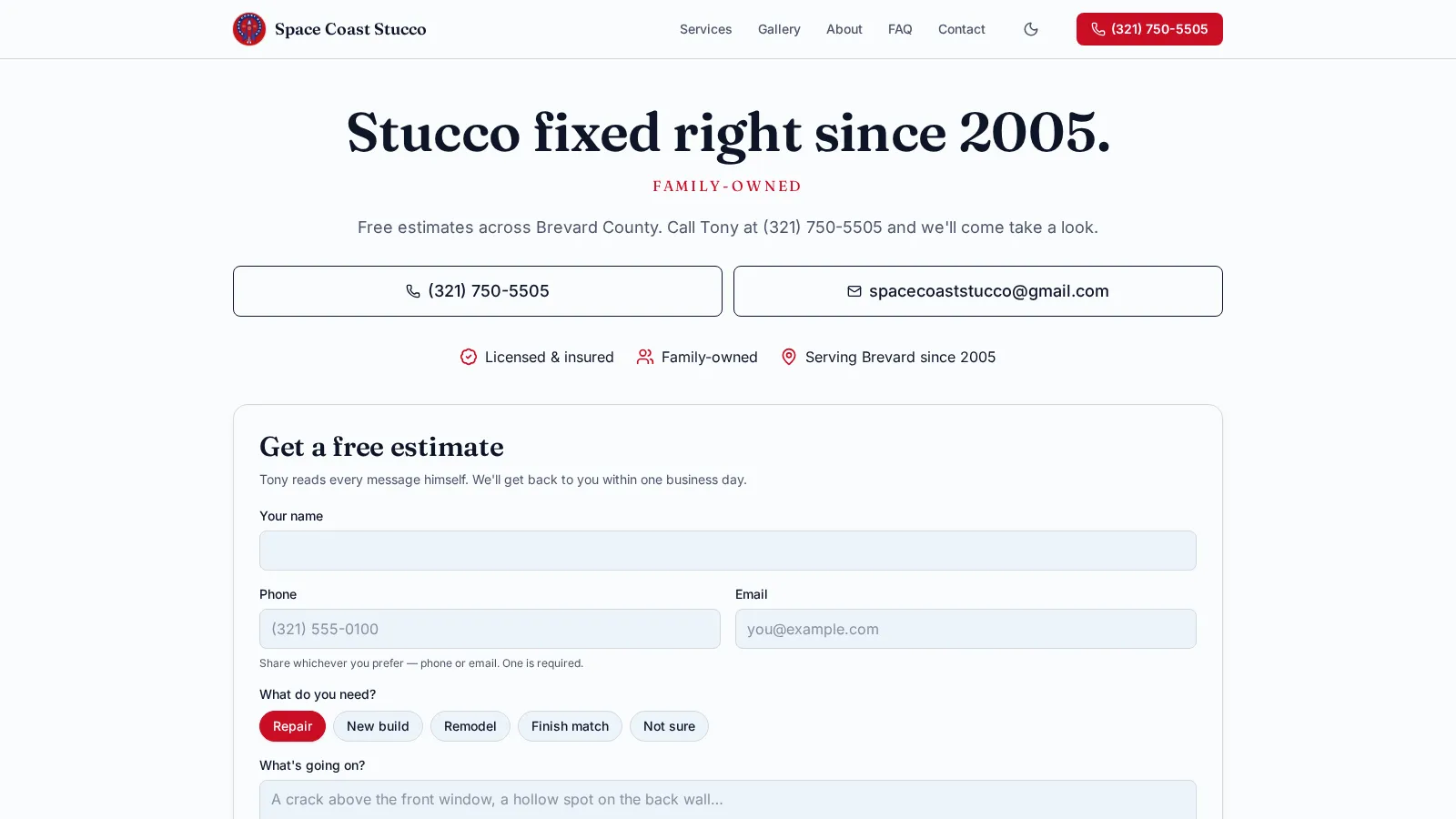 Space Coast Stucco homepage with the headline "Stucco fixed right since 2005." above a free-estimate form and phone CTAs