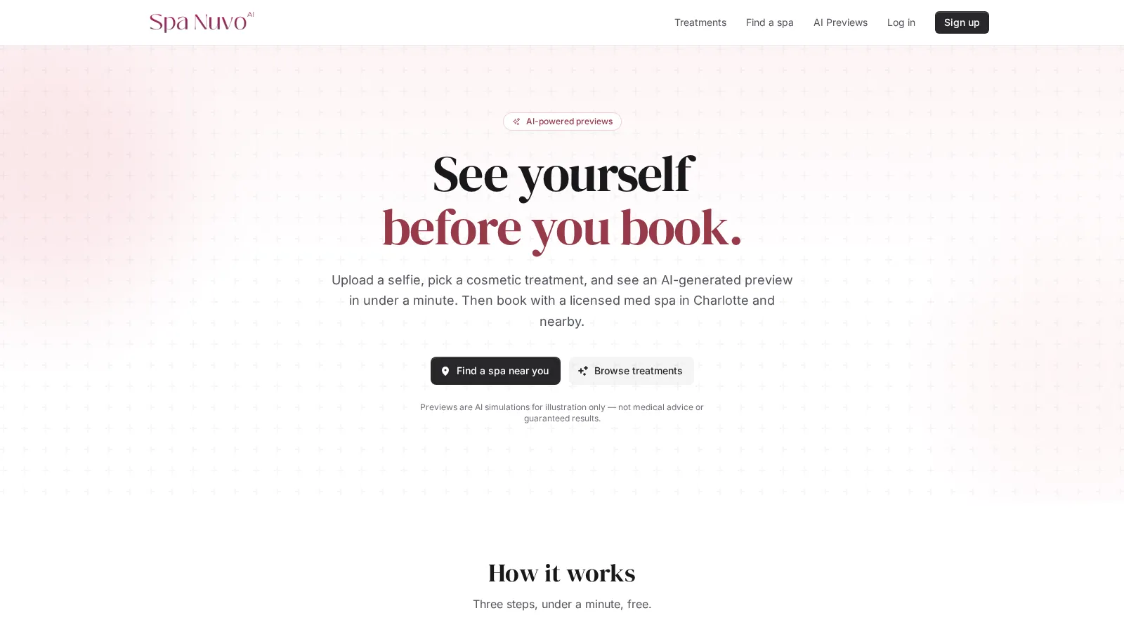 Spanuvo homepage with the headline "See yourself before you book." above CTAs for Find a spa near you and Browse treatments