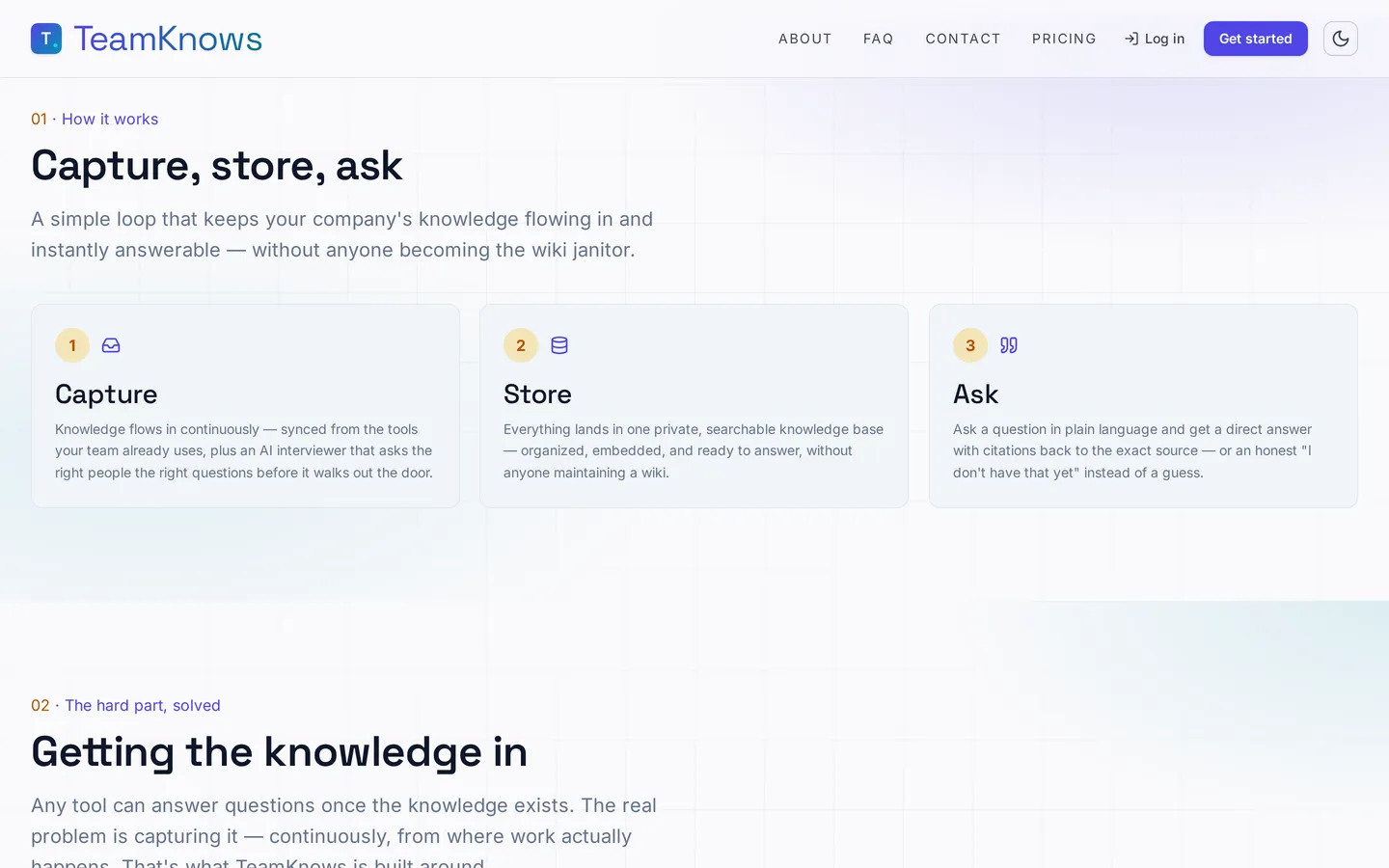 TeamKnows homepage with the headline "Your company knows more than anyone remembers" beside a cited-answer demo panel
