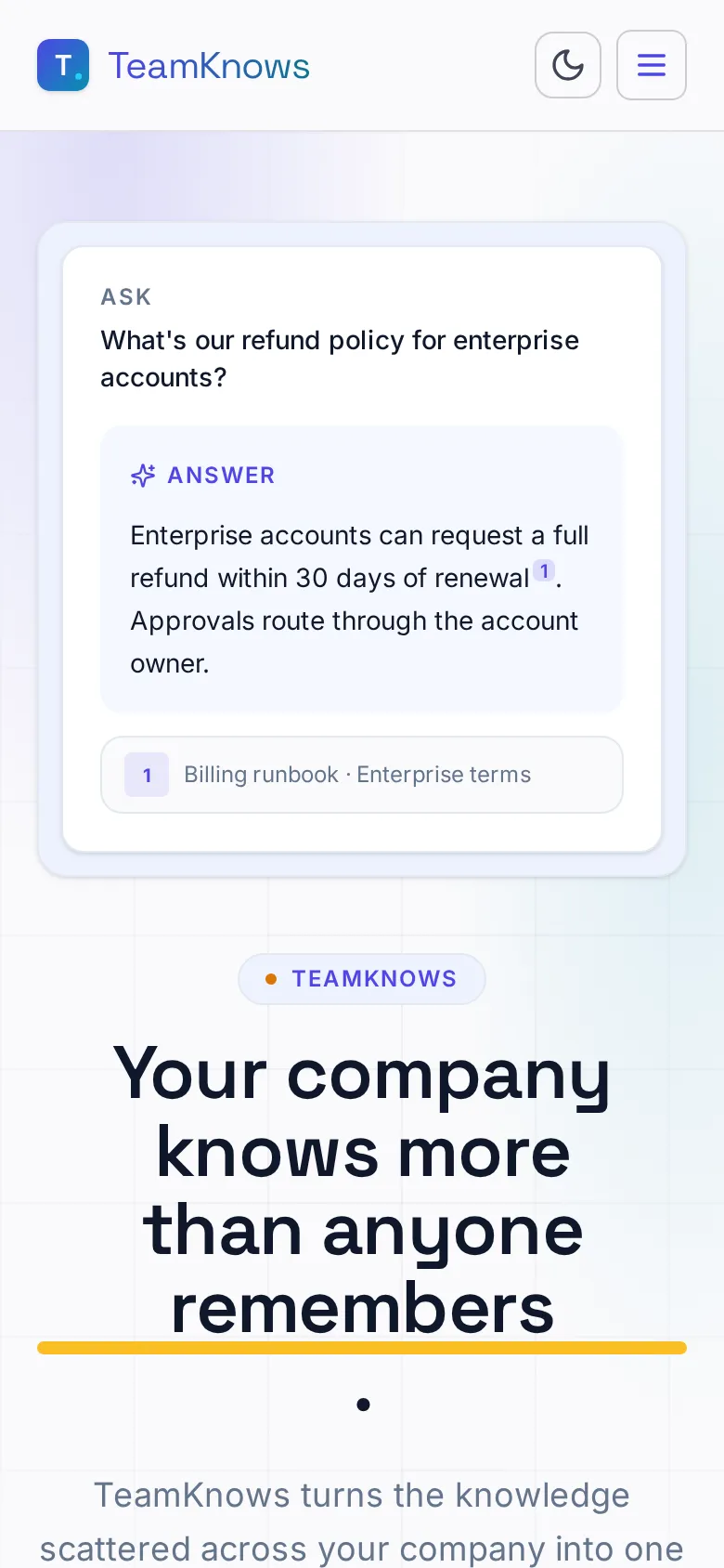 TeamKnows on mobile — company knowledge search product page with a start-free-trial button